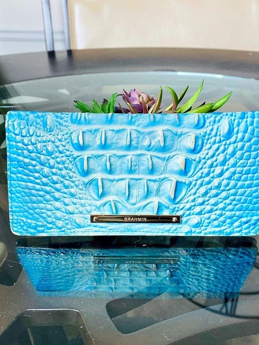 Brahmin Melbourne Ady Slim Bifold Leather Wallet in Dusty Blue / Sky